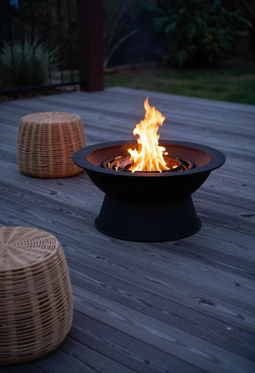 Plum noir oak fire pit deck with cast-iron bowl and teak stools at dusk