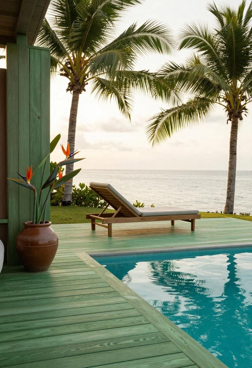 Jade green teak poolside deck with canvas lounger and bird-of-paradise at golden hour