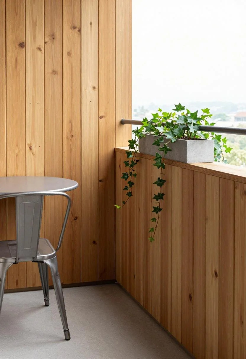 Wasabi pine balcony with steel bistro set and ivy planter in morning light
