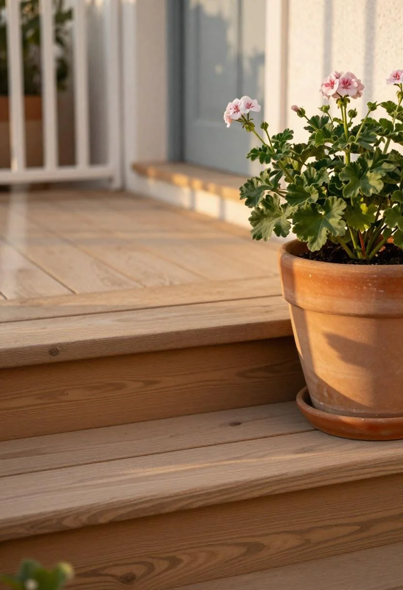 Persimmon oak porch steps with geranium ceramic pot at golden hour