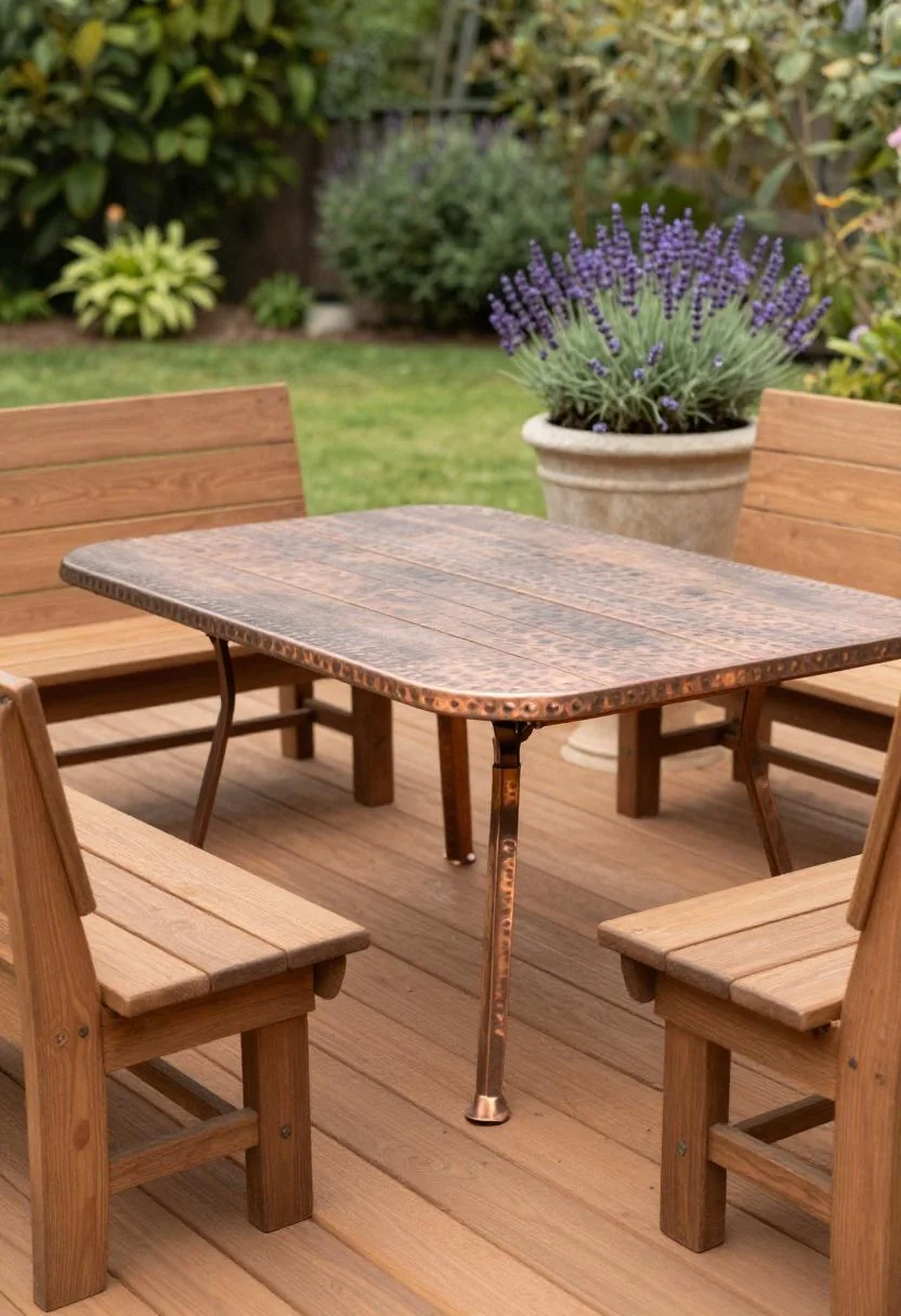 Warm terracotta cedar deck with copper dining table and lavender stone planter in garden shade