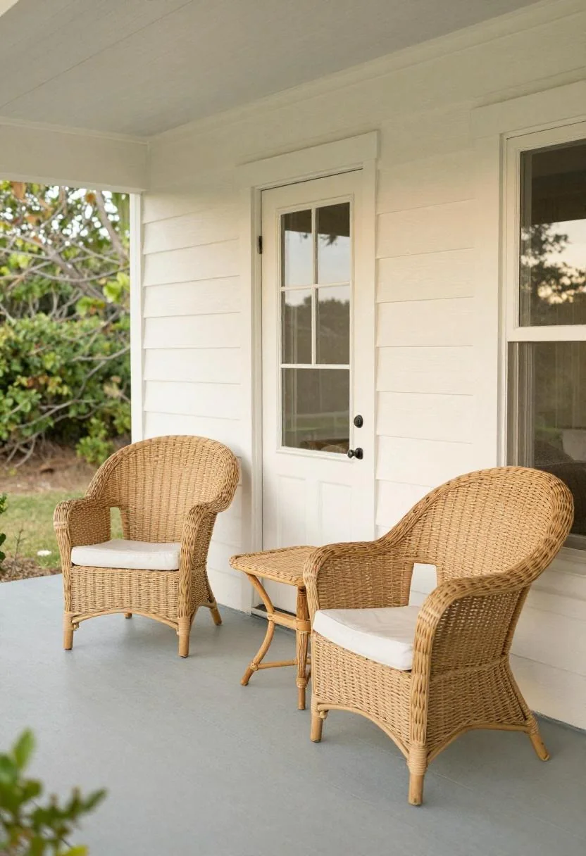 Cream white pine coastal porch with wicker chairs and clear entry path in morning light