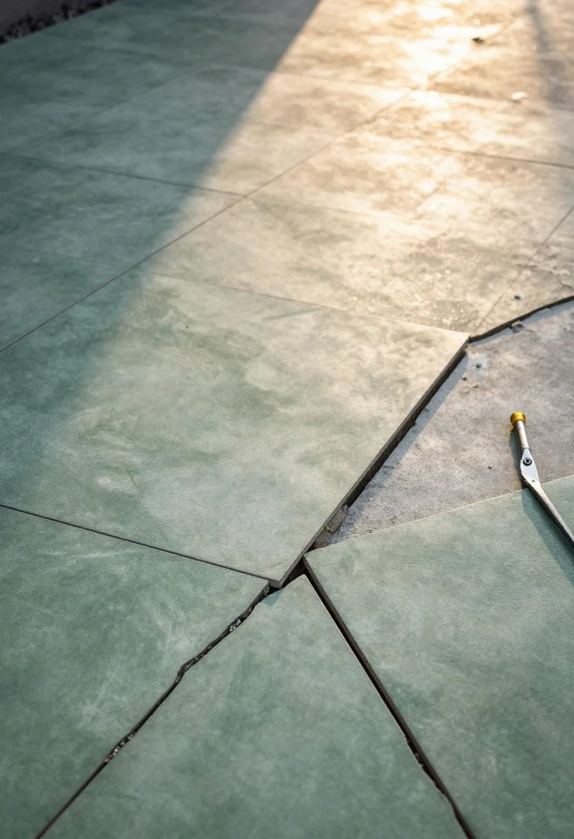 Jade green porcelain tiles overlaid on cracked concrete in a golden hour three-quarter view
