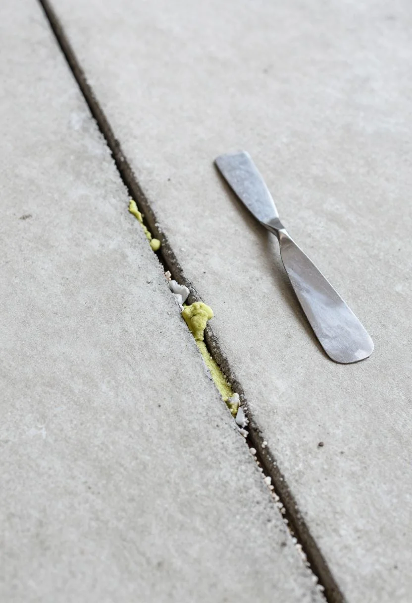 Wasabi epoxy grout filling a concrete patio crack in a close-up overhead detail