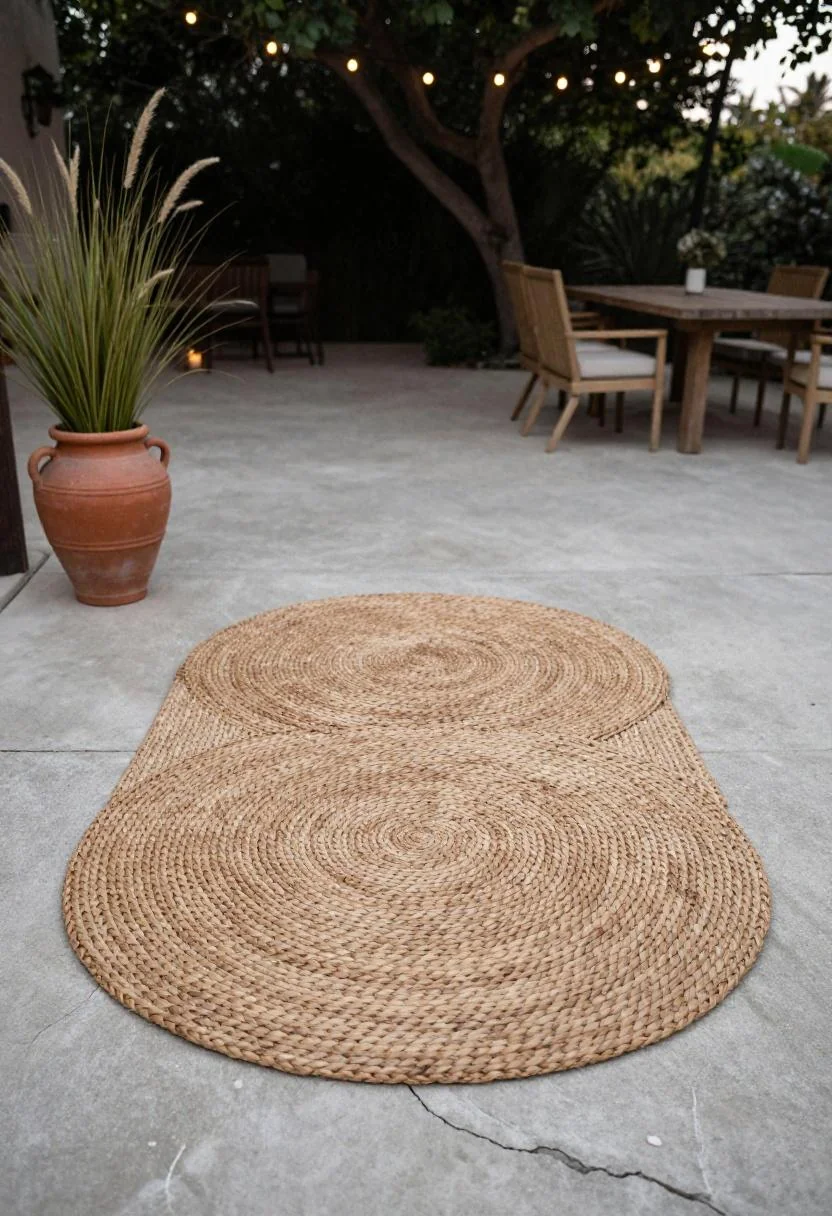 Rattan rug and persimmon urn with ornamental grass transforming a cracked Mediterranean patio at dusk