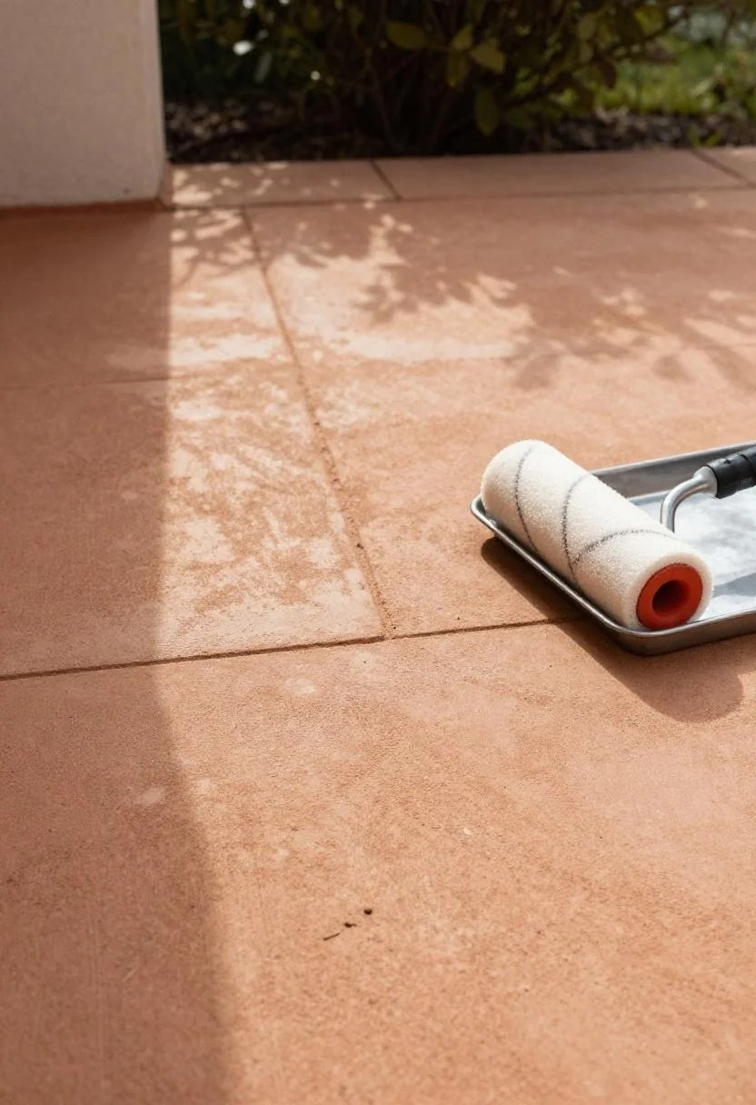 Warm terracotta concrete stain covering half a cottage patio in a striking before-and-after scene