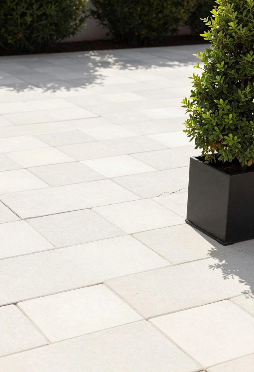 Cream white rubber pavers snapped over cracked concrete beside a boxwood in a black steel planter