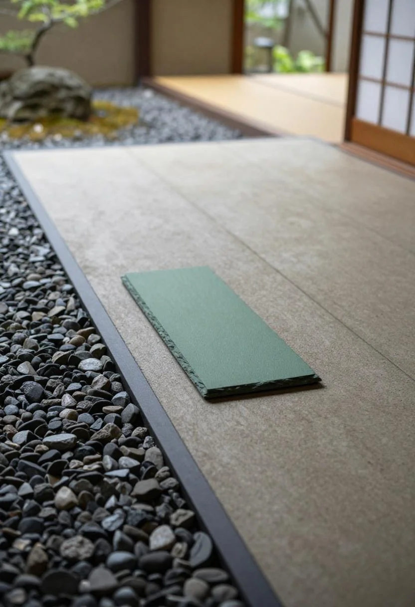 Sage green slate tile and river gravel border transforming a cracked Japanese zen patio