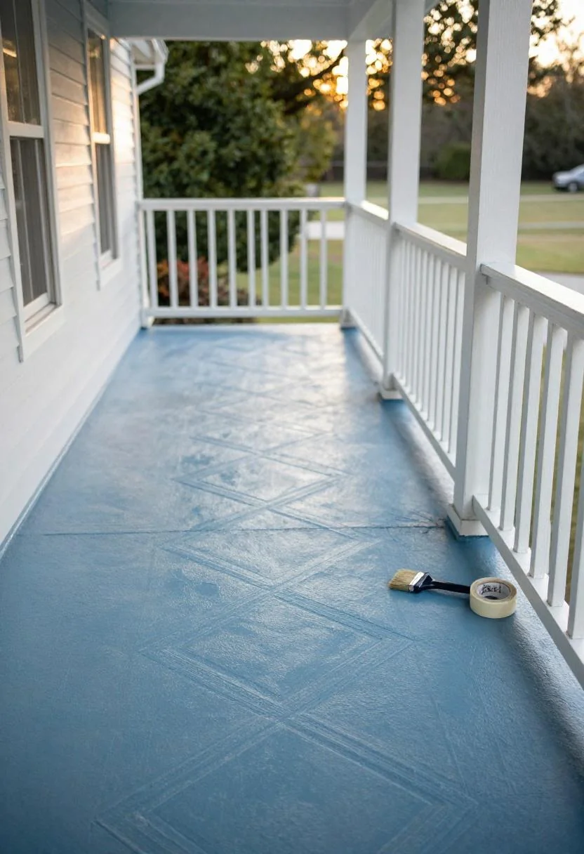 Cool blue diamond stencil pattern freshly painted on a cracked front porch in golden hour light
