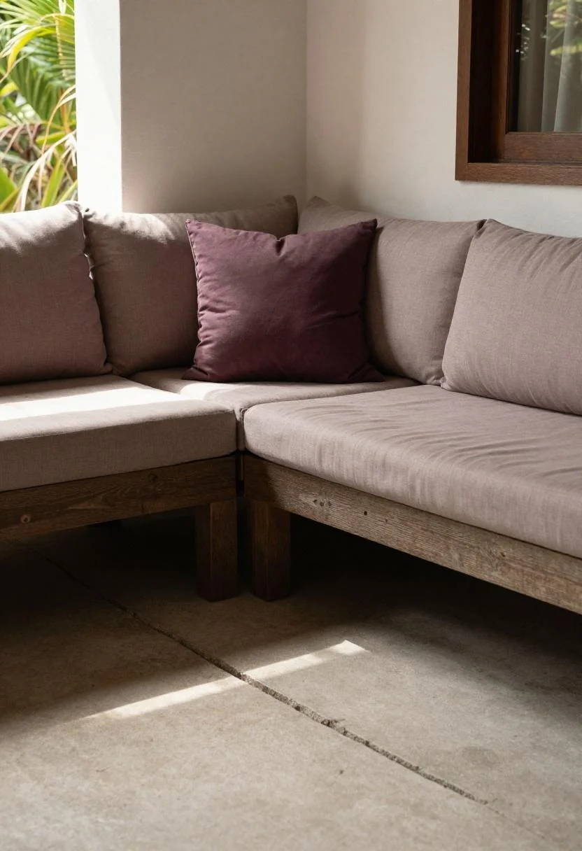 Plum cushions on a teak bench above a visible concrete crack on a tropical patio corner