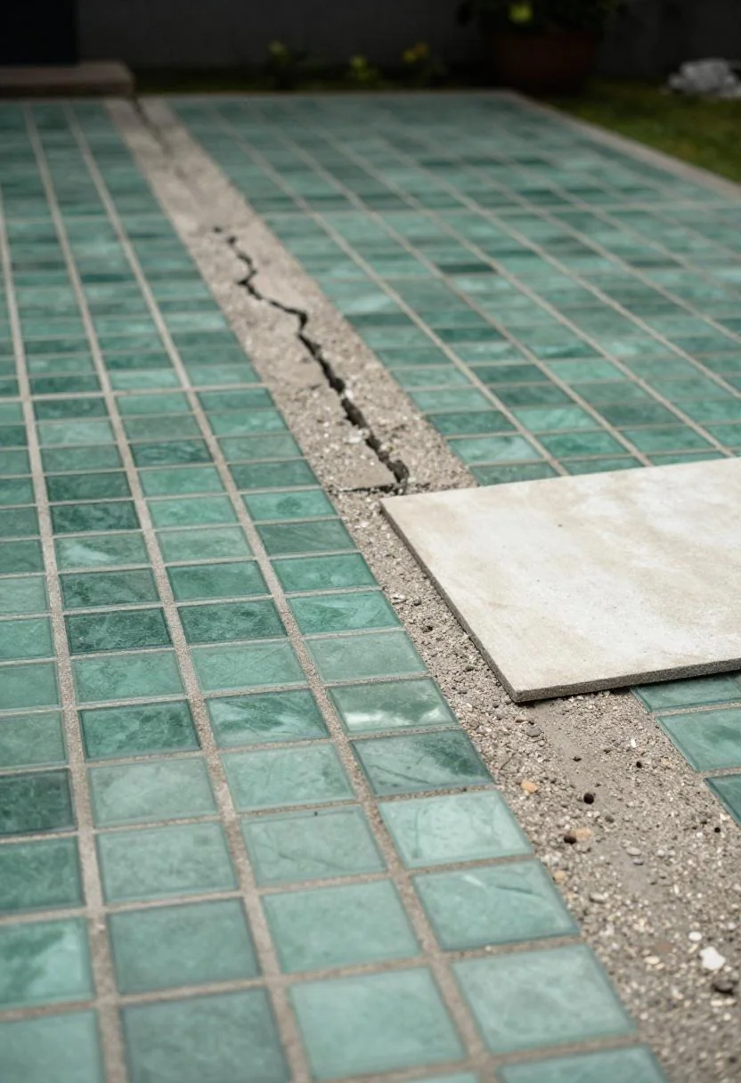 Jade green mosaic tiles set into cracked concrete along a garden path in an overhead view