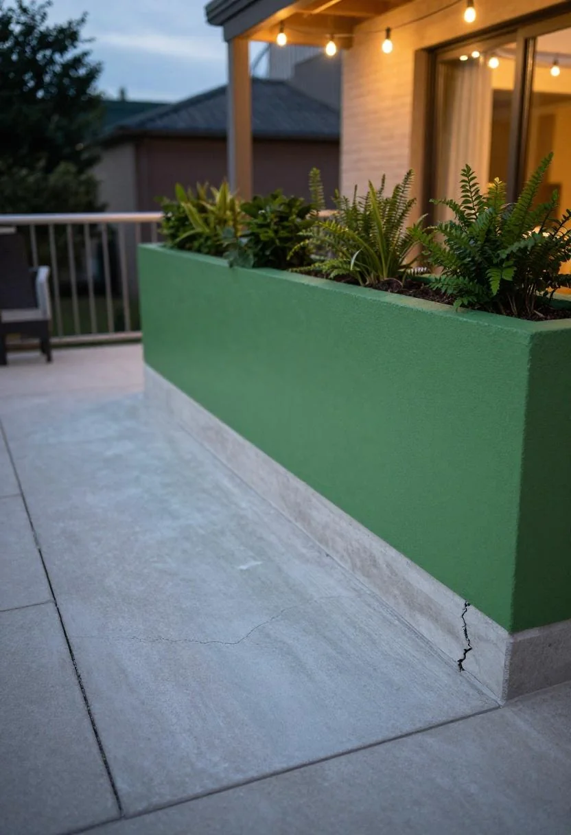 Wasabi painted planter box on a balcony patio alongside mid-project cracked concrete under dusk string lights