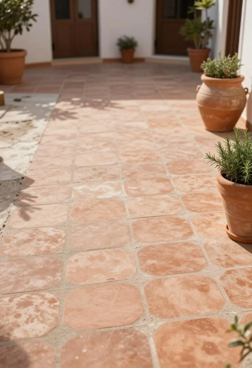 Warm terracotta penny tiles grouted over repaired concrete on a Mediterranean patio in morning light