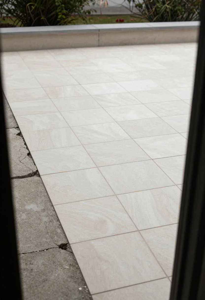 Cream white peel-and-stick vinyl tiles covering most of a cracked modern patio with a raw corner left visible