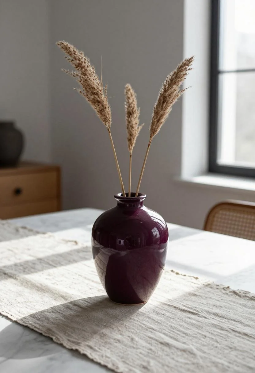 Plum noir ceramic vase with dried pampas on a marble dining table