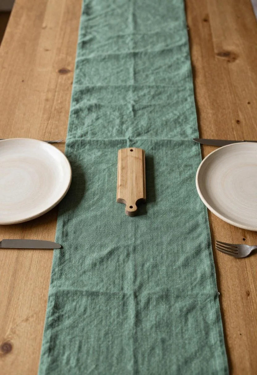Farmhouse dining table with wasabi linen runner and clay plates overhead view