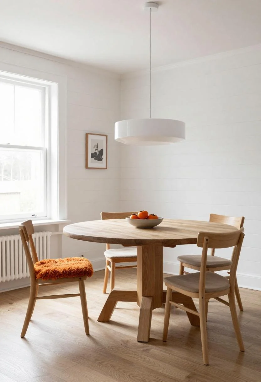 Scandinavian round birch dining table with a persimmon wool cushion accent