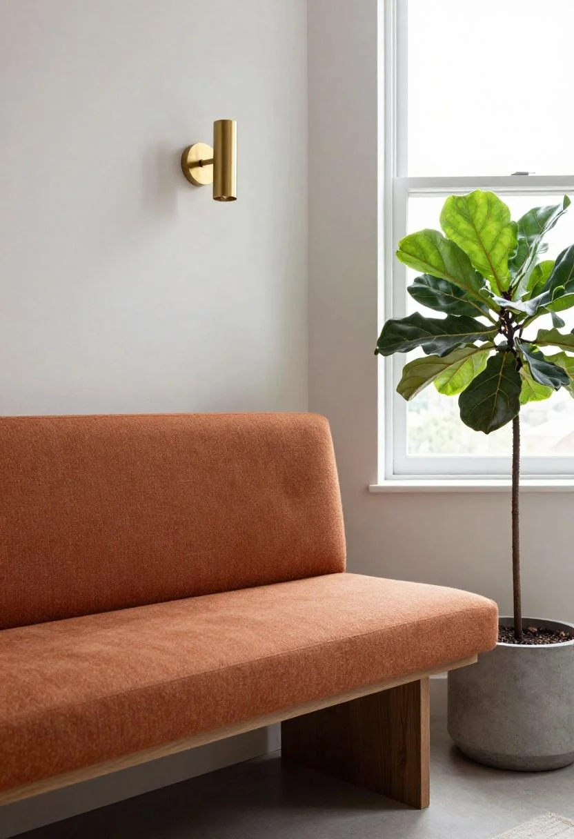 Built-in dining nook with warm terracotta bouclé bench and brass sconce