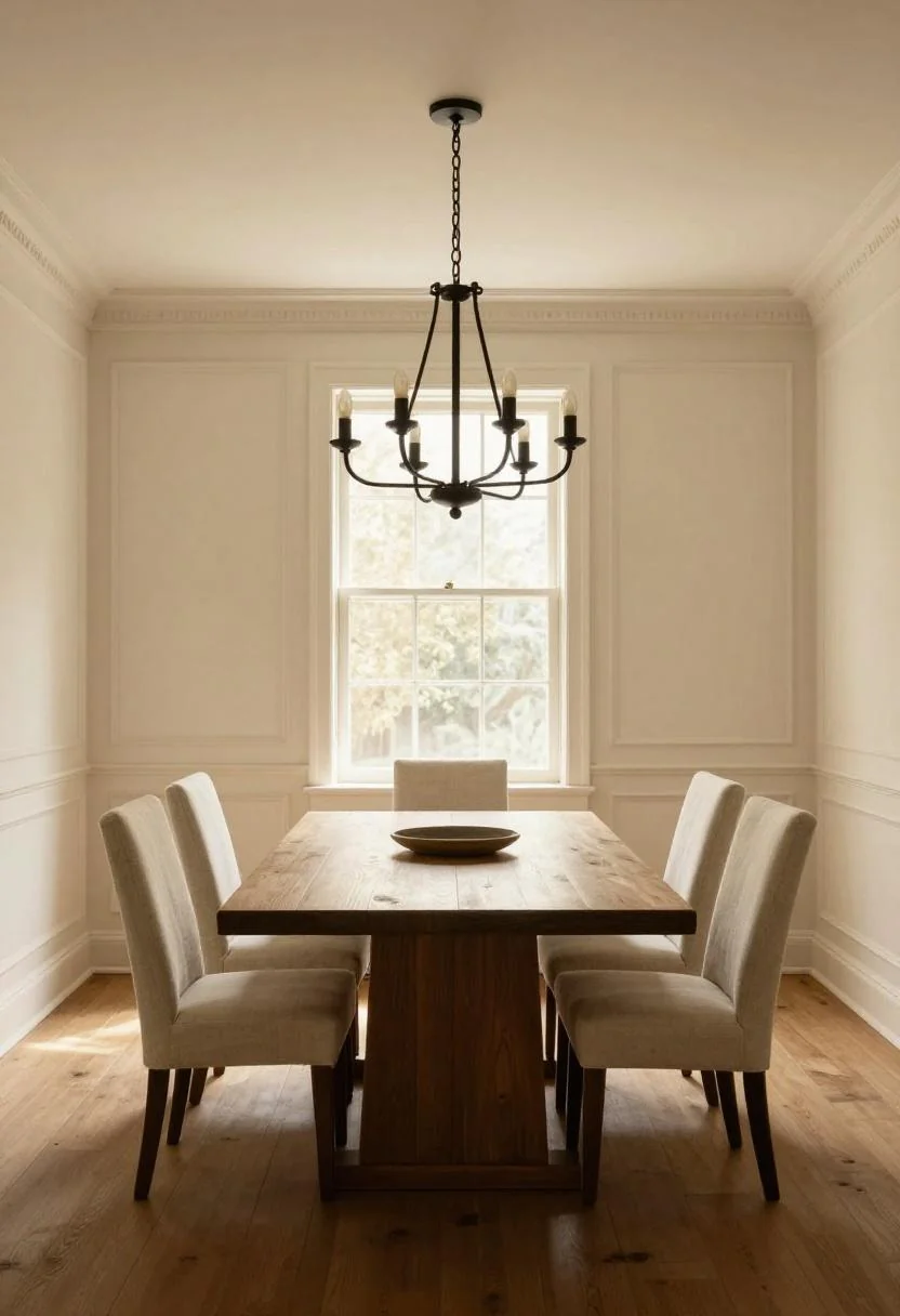 Transitional dining room with cream white wainscoting and ebonized oak table