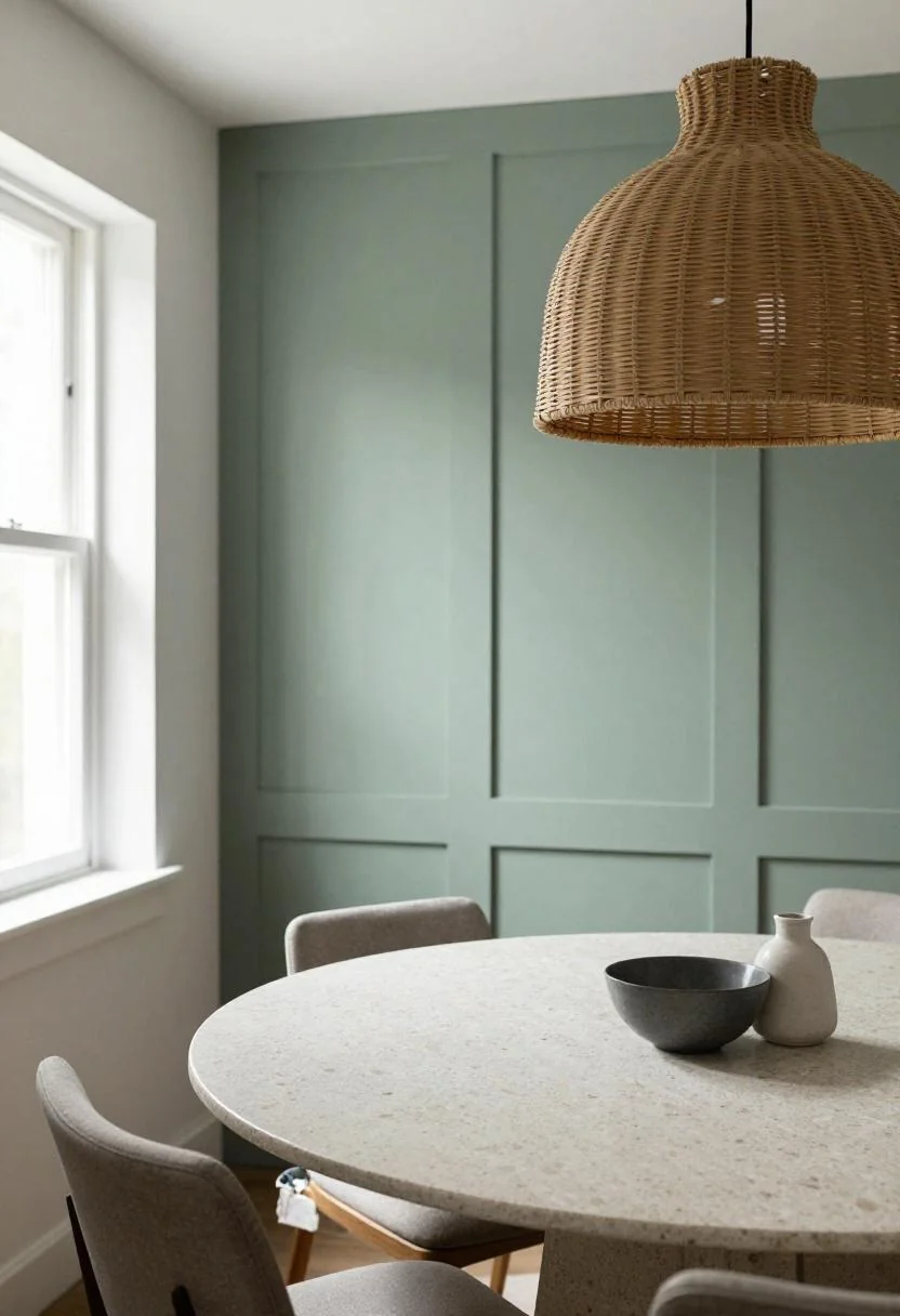 Open-concept dining area with sage green board and batten wall and travertine table