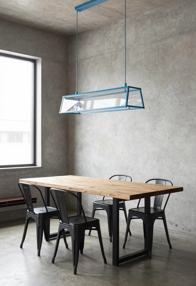 Industrial dining room with cool blue metal pendant and reclaimed pine table