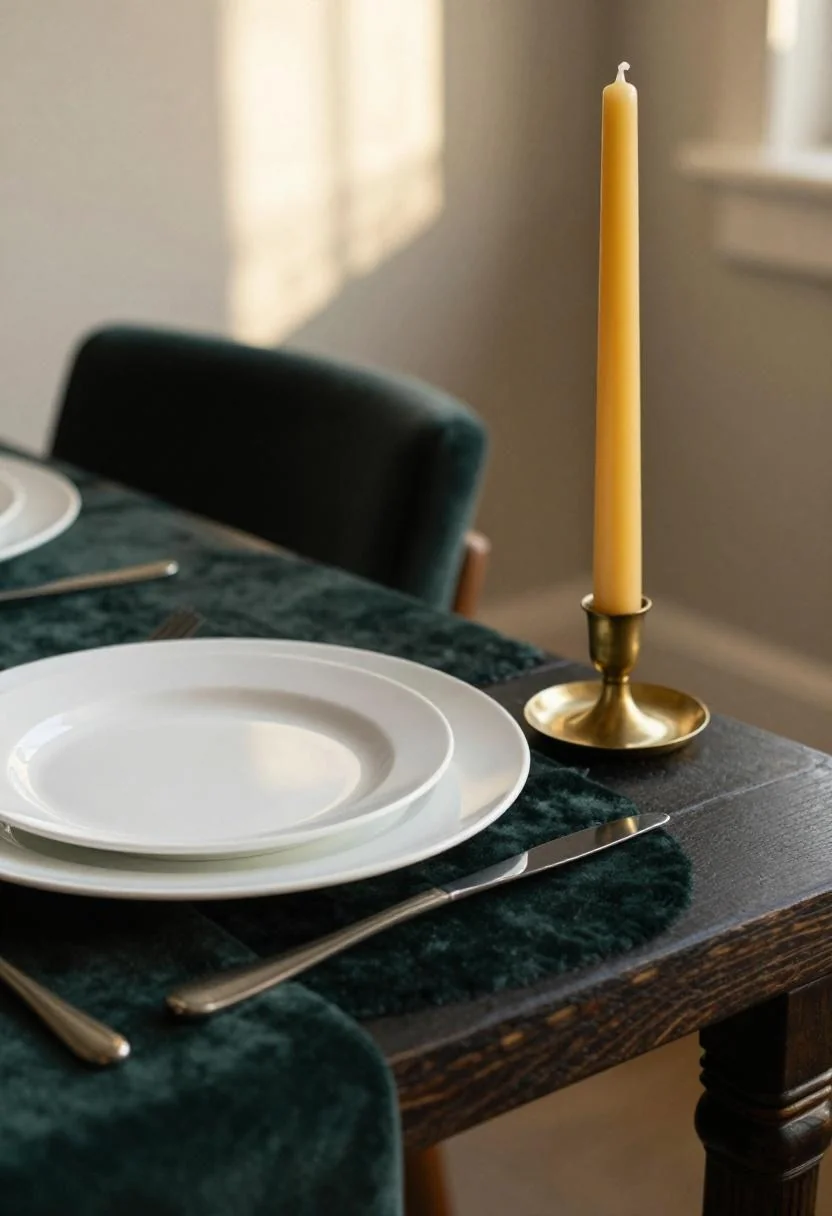 Elegant dining place setting with plum noir velvet and brass candleholder detail