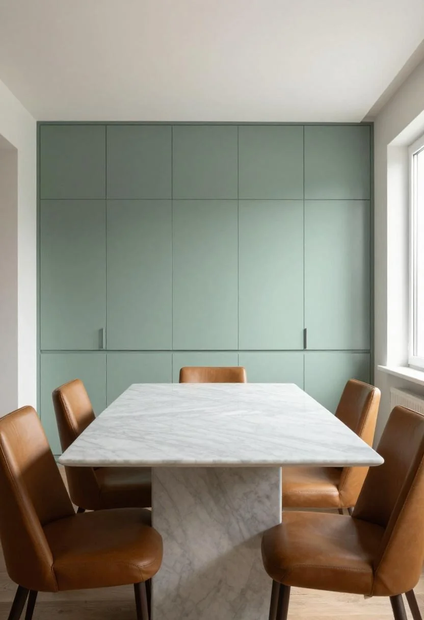 Modern dining room with jade green lacquered cabinetry and marble table