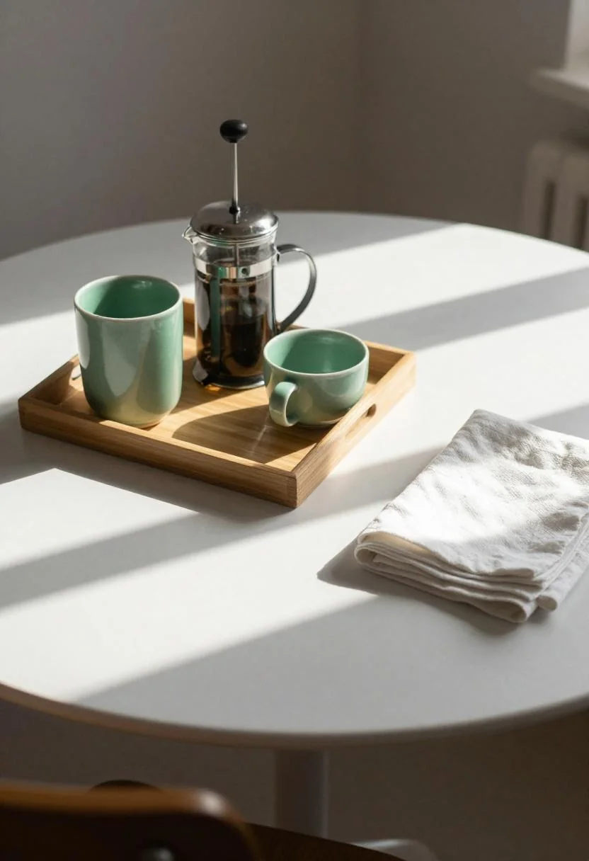 Breakfast nook overhead with wasabi green ceramic mugs and bamboo tray