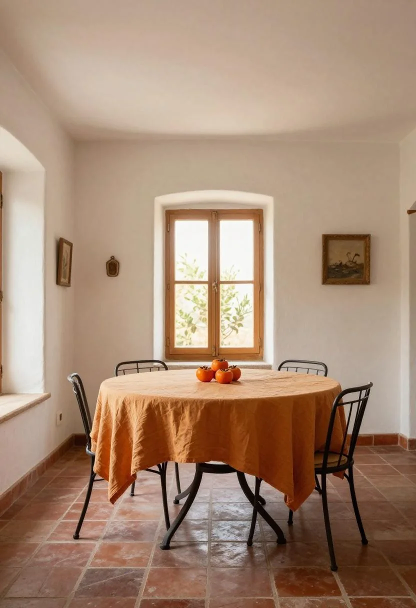 Mediterranean dining room with persimmon linen tablecloth and iron round table