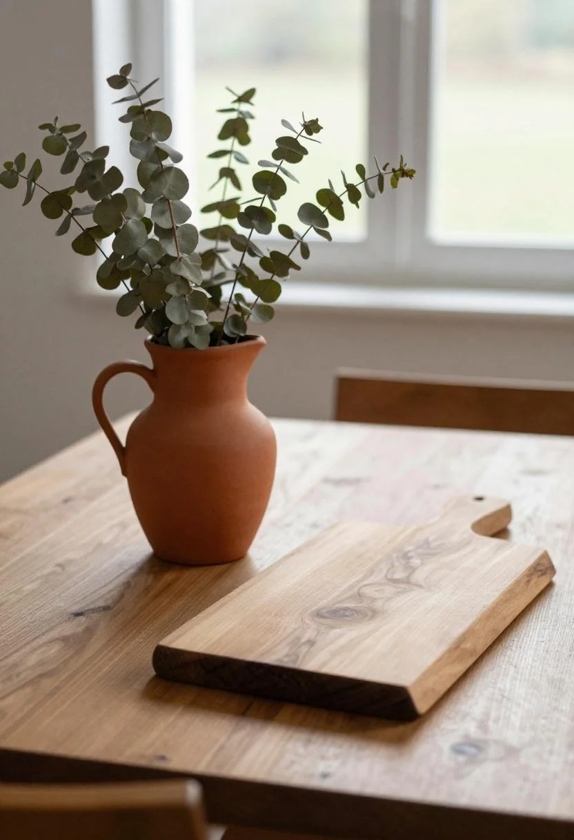 Dining table vignette with terracotta earthenware pitcher and mango wood board