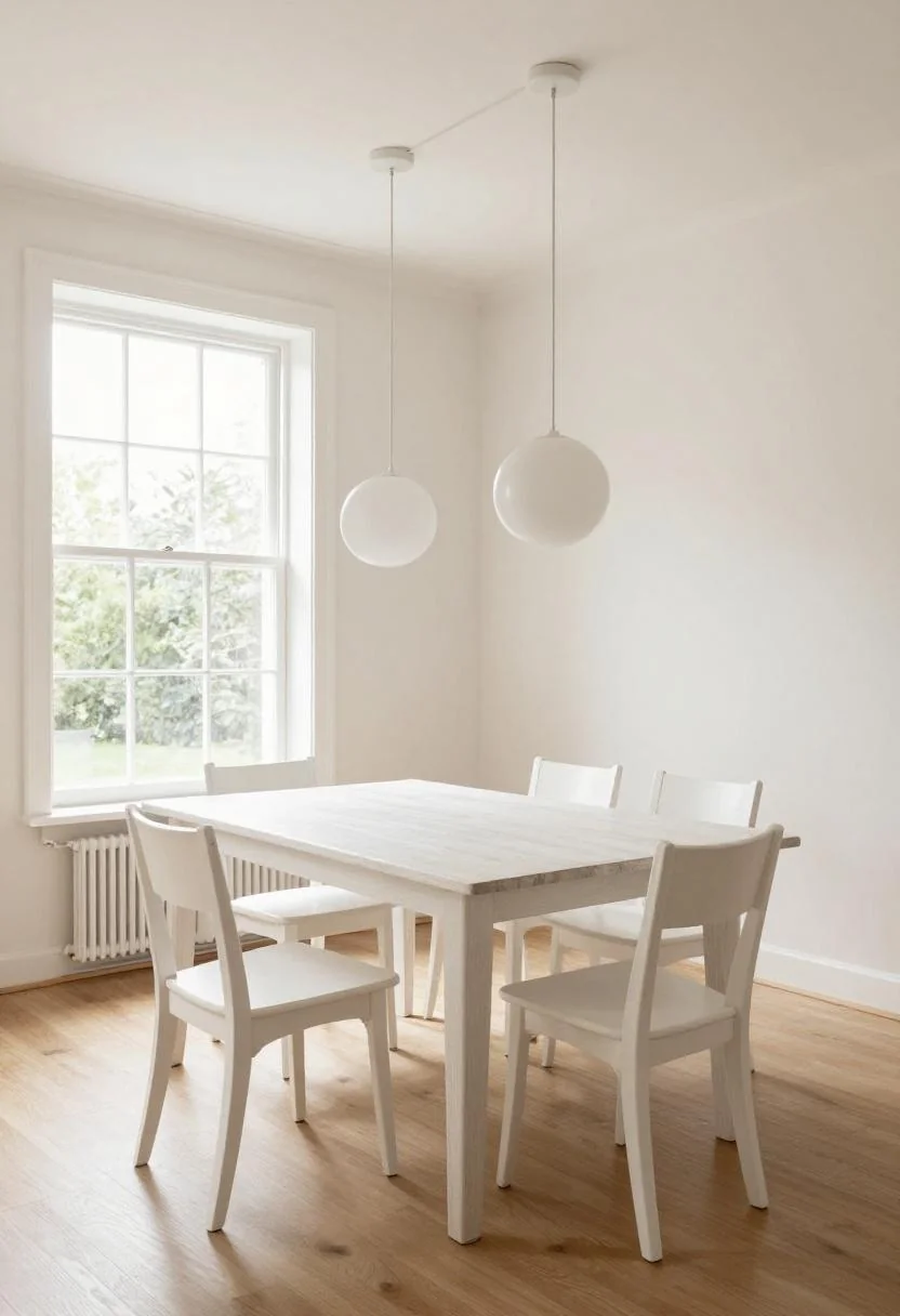 Scandinavian dining room with cream white limewash walls and white oak furniture