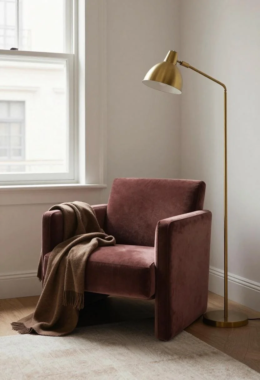 Plum noir velvet armchair with a brass floor lamp in a minimalist corner
