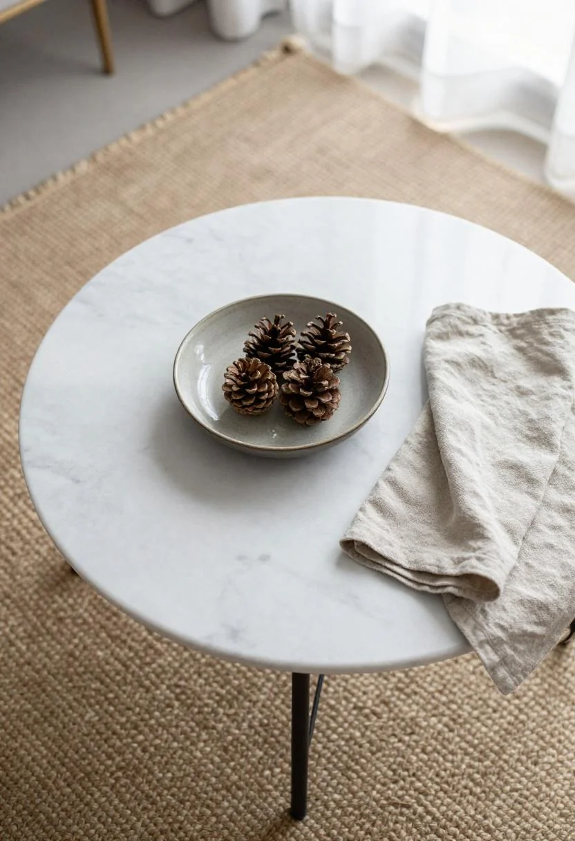 Marble coffee table with a wasabi ceramic bowl holding pinecones on a jute rug