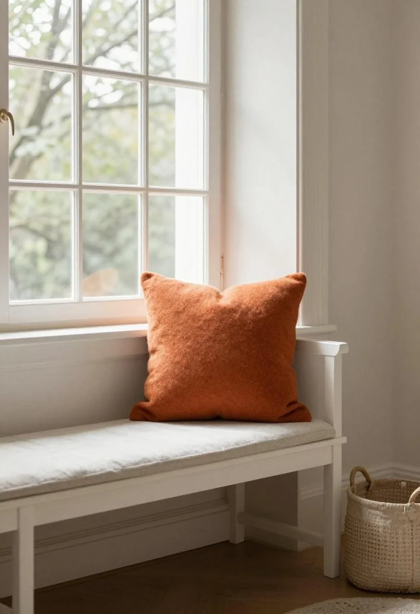 White oak window bench with a persimmon wool cushion catching morning sunlight