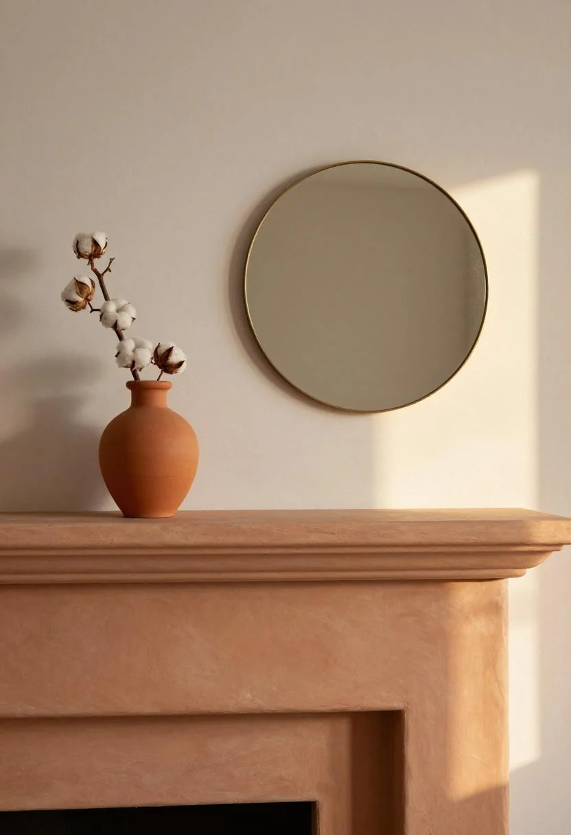 Terracotta fireplace mantel with a clay pot and cotton branch beneath a brass mirror