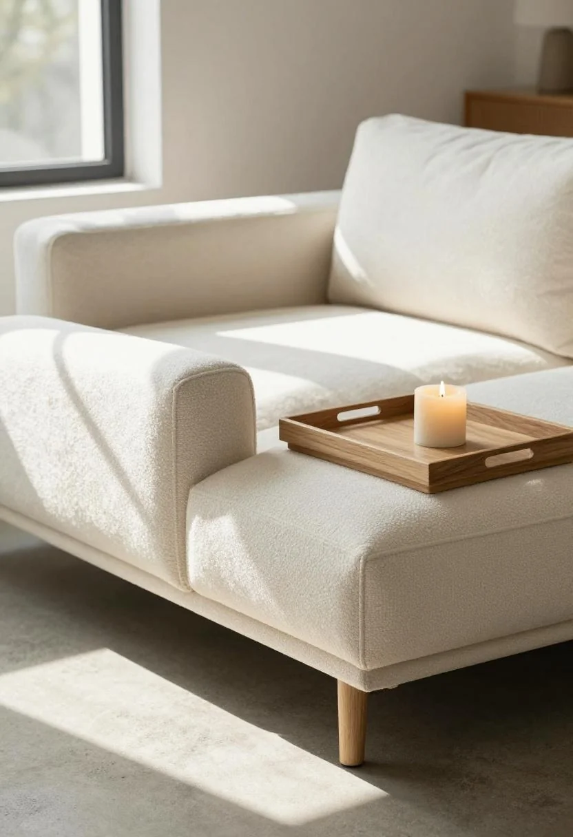 Cream white boucle sofa with a walnut tray table and pillar candle in morning light