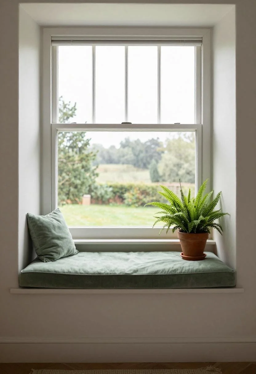 Bay window seat with a sage green cushion and a terracotta potted fern beside it