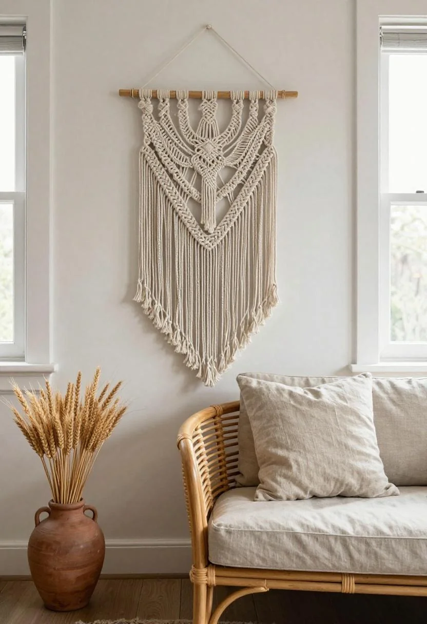 Rattan sofa with macrame wall hanging and a wasabi linen cushion