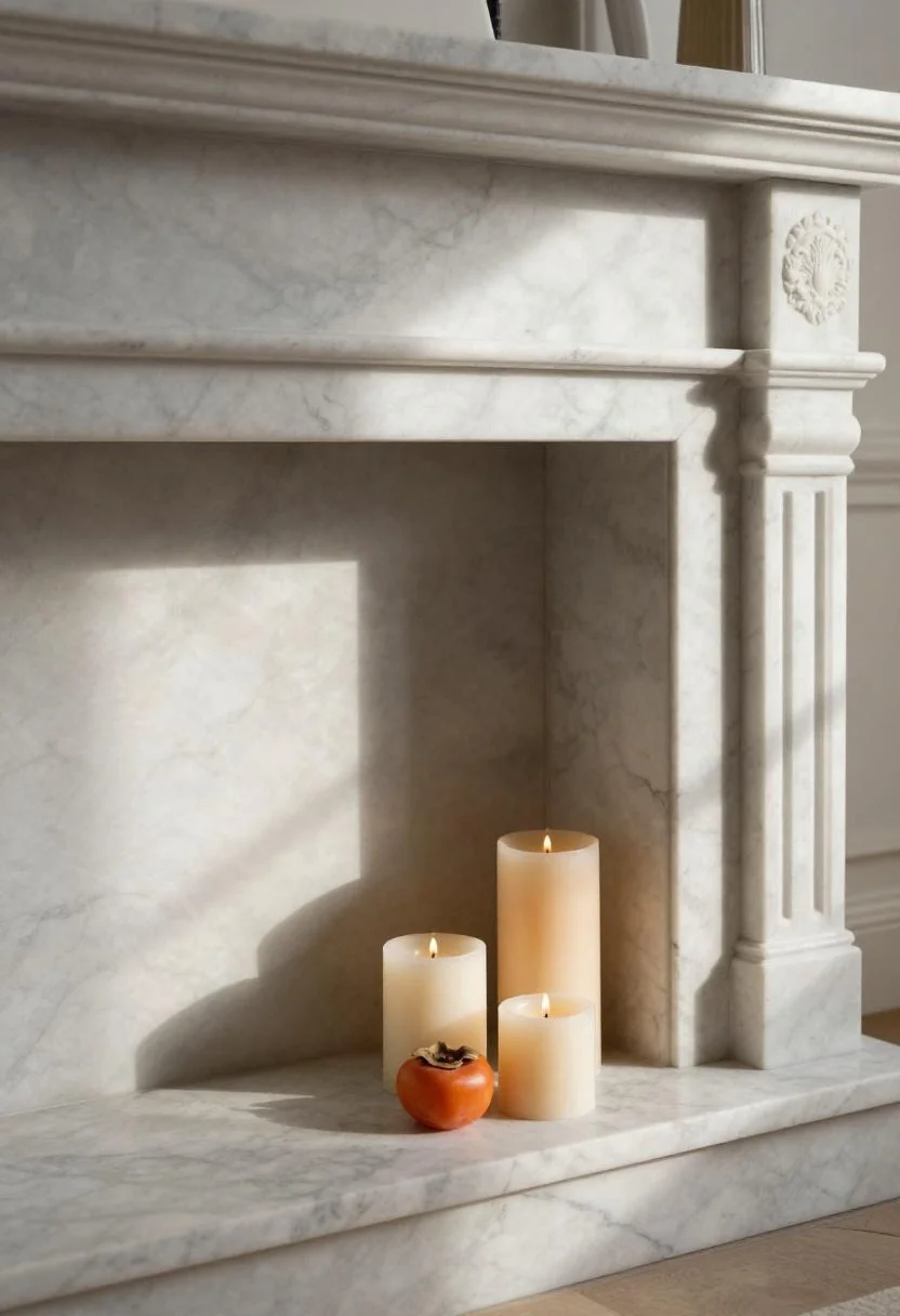 Marble fireplace hearth with persimmon pillar candles arranged on a slate tray