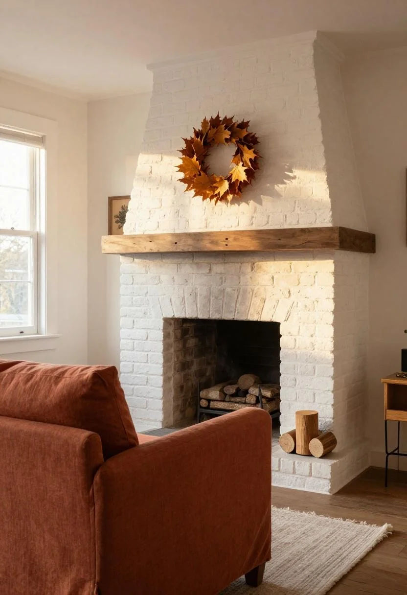 Terracotta sofa facing a brick fireplace with a dried maple wreath hanging above