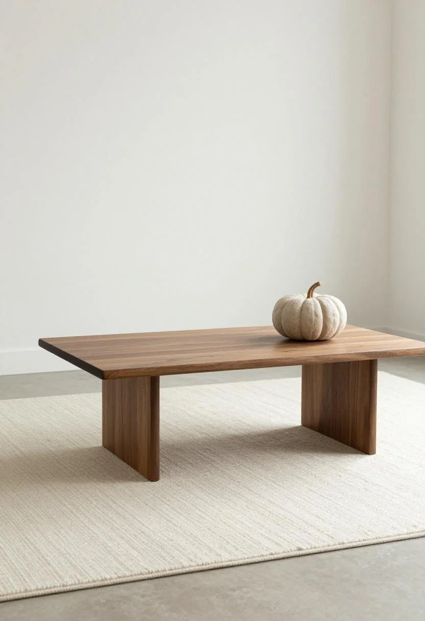 Cream white wool rug under a walnut coffee table with a linen pumpkin accent