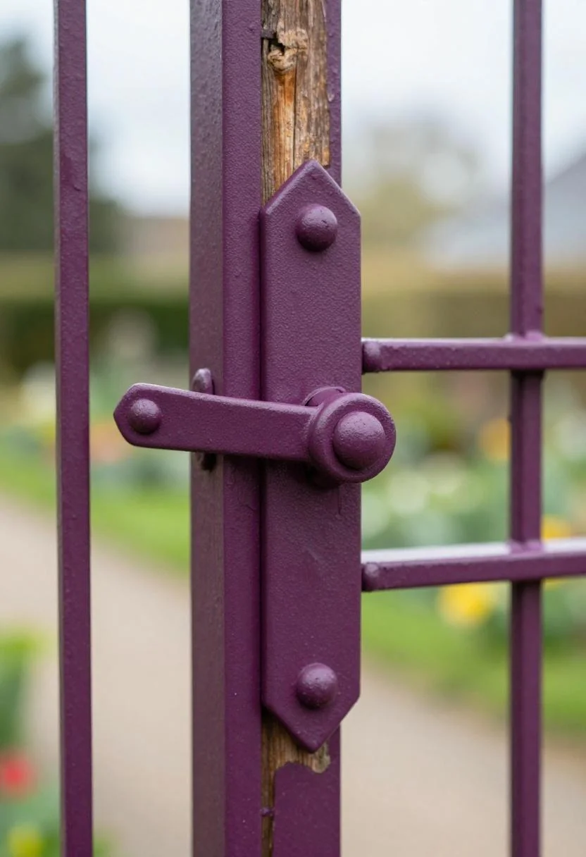 Plum-painted wrought iron latch detail on a rough-hewn oak farm gate post