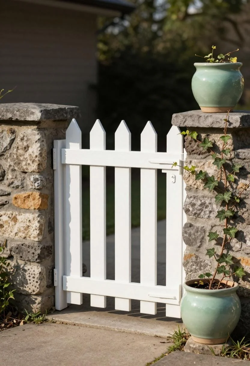 White picket farm gate in a stone wall with a jade green ivy pot at morning light