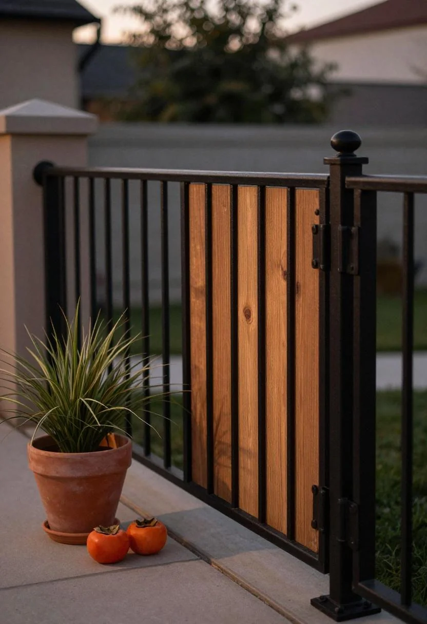 Reclaimed barn-wood sliding gate with a persimmon terracotta pot of ornamental grass at dusk