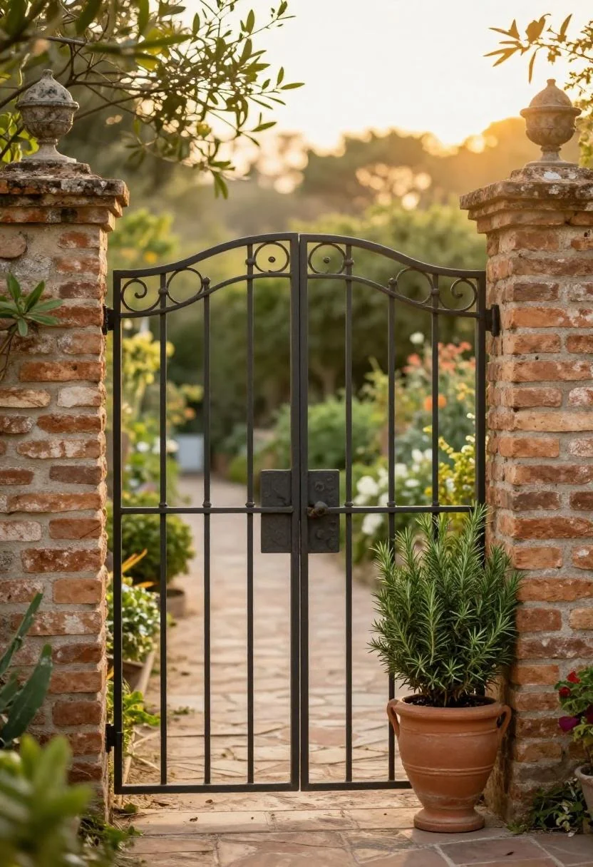 Whitewashed timber farm gate with a cream linen accent amid climbing cottage roses