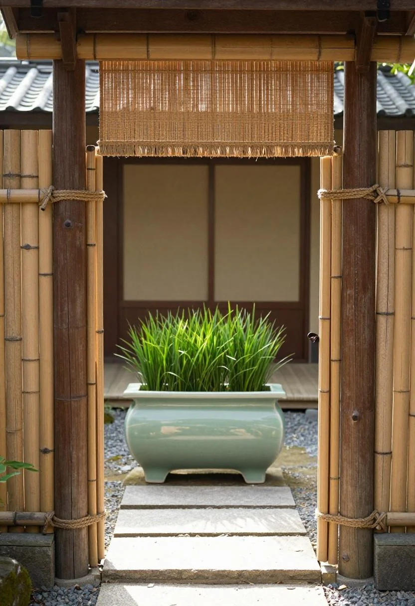Bamboo farm gate with jute lashing and a sage green ceramic trough on a Japanese garden path
