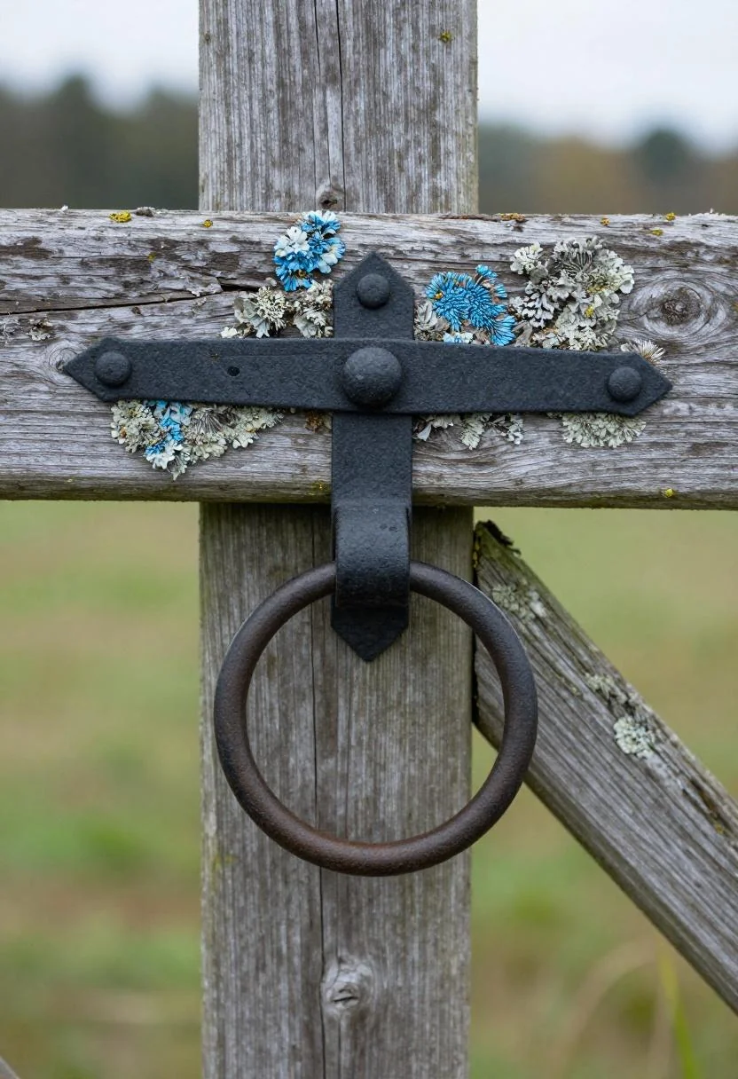 Overhead close-up of a pine farm gate with cool blue lichen on weathered timber