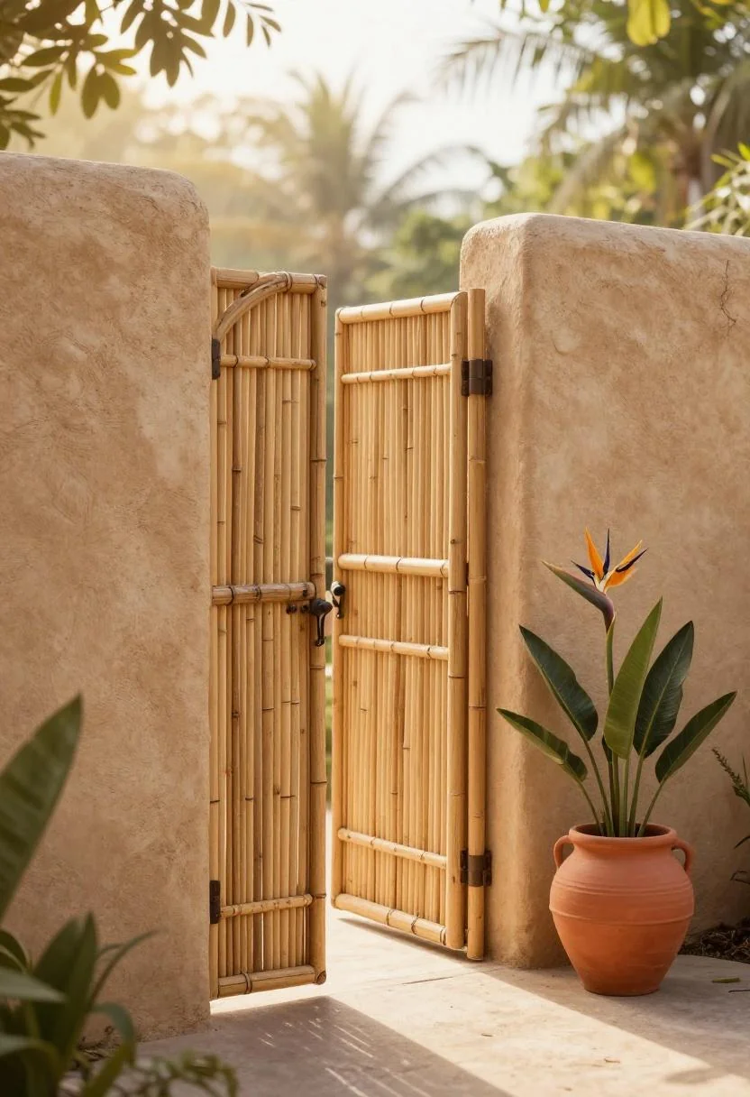 Bamboo and rattan farm gate with a warm terracotta clay pot of bird of paradise at golden hour