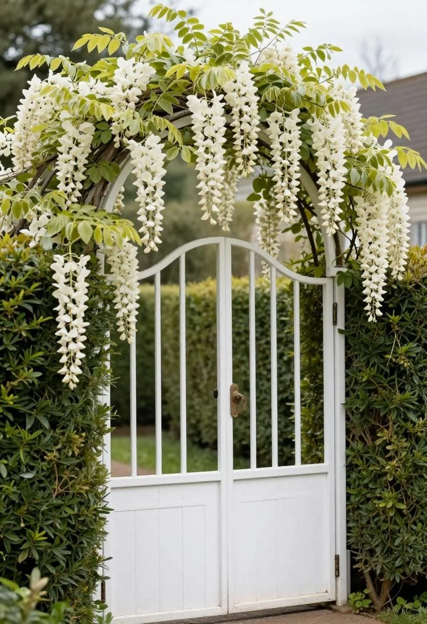 Arched white iron cottage gate with cream wisteria blooms framed by a clipped yew hedge
