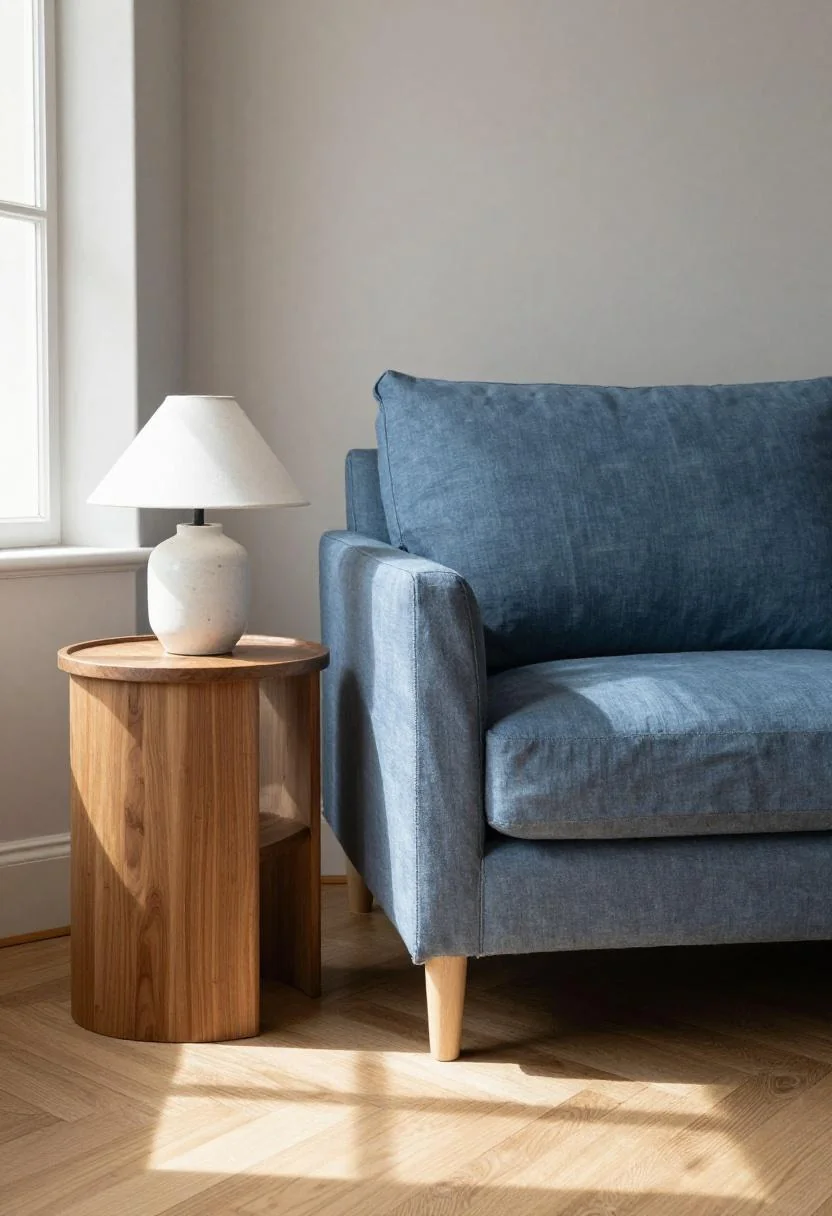 Cool blue linen sofa beside a walnut side table with morning light on oak floors
